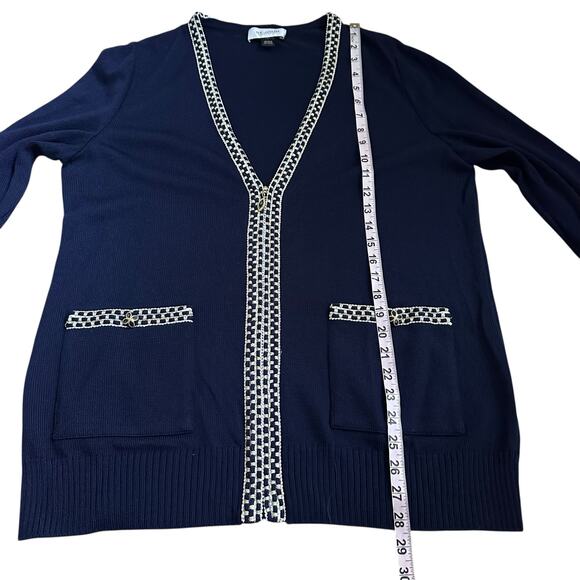 St. John Navy Blue Santana Knit Zip Cardigan Sweater L Metallic Trim  V-Neck - Picture 9 of 12